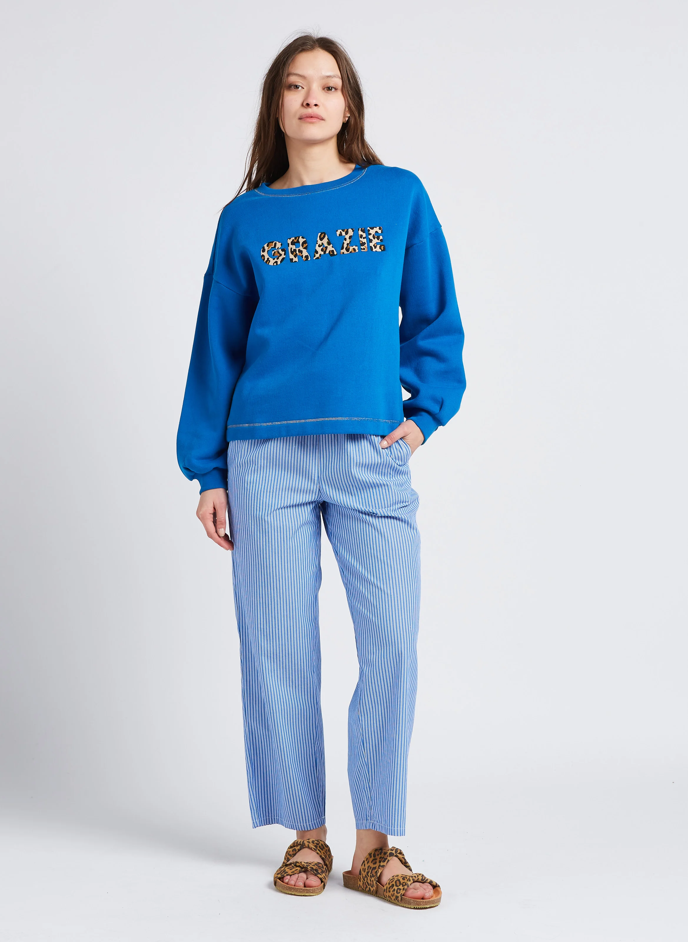 ZATYBAY - Pantalon carotte en coton rayé | Bleu