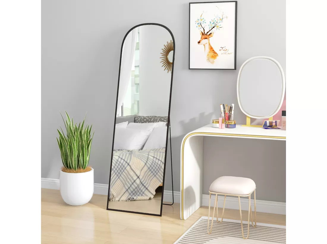 Miroir sur pied - miroir mural rectangulaire arrondi - dim. 50L x 161,5H cm - alu. noir