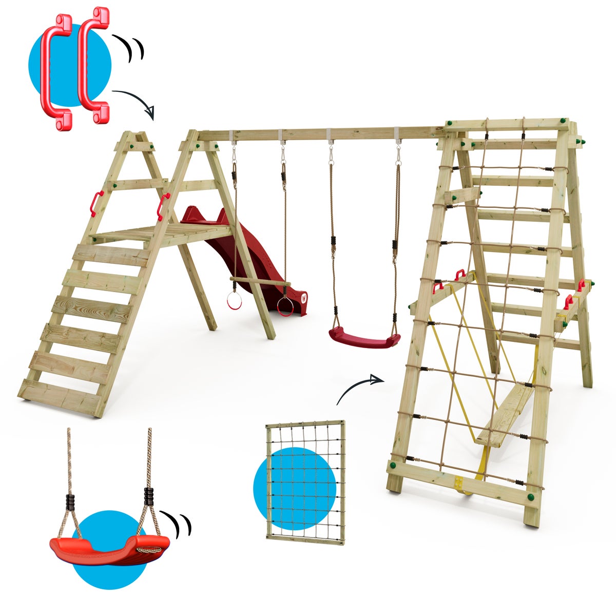 WICKEY Kinderschommelset Smart Shake met glijbaan en klimrek, schommel, schommelframe, dubbele schommel, houten schommel - Rood