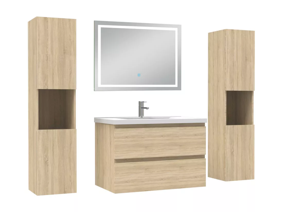 Ensemble meubles Salle de Bain 80cm avec colonne et miroir lumineux 3 couleurs et dimmable Chêne Wotan