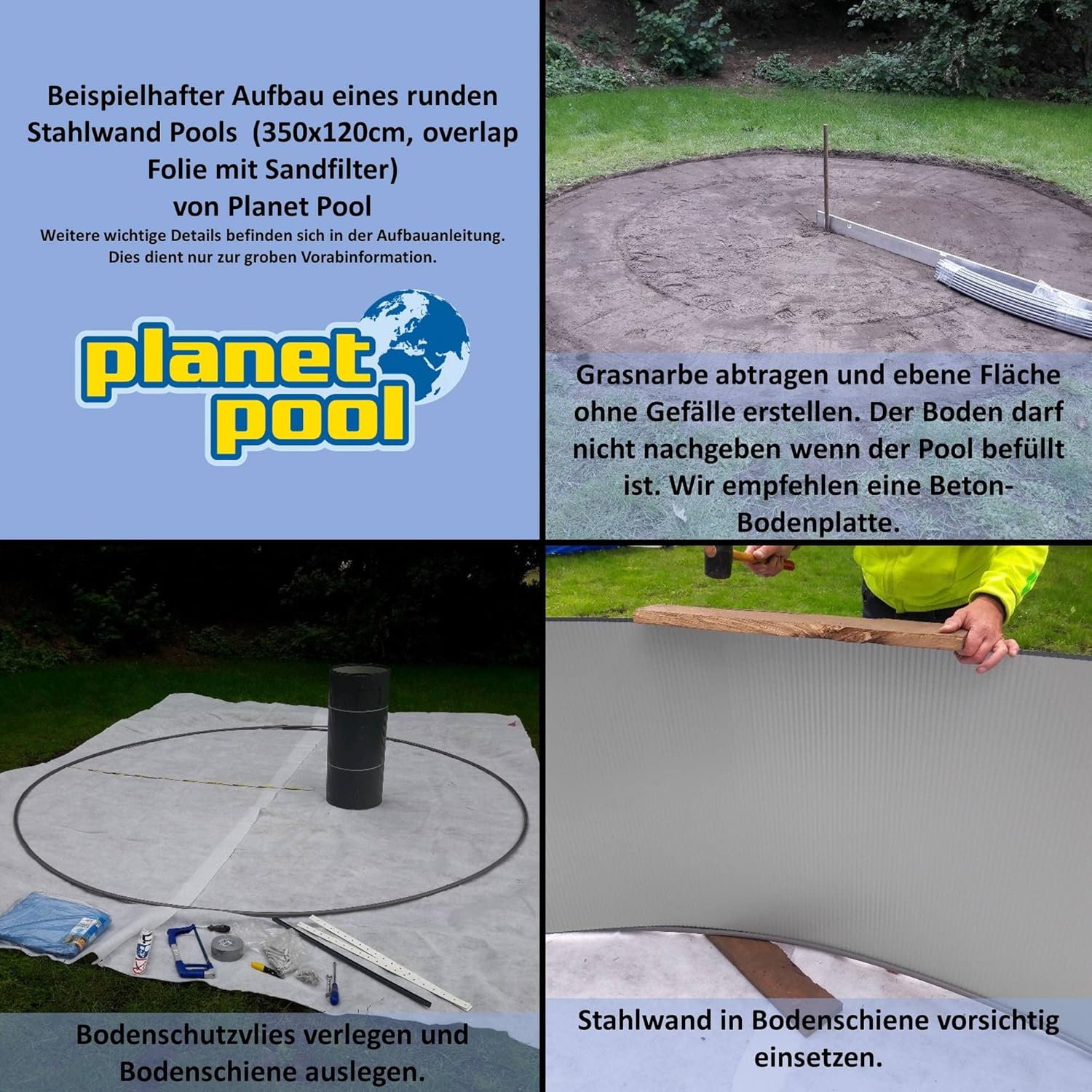 Planet Pool Stahlwandpool rund Größe wählbar, 90 cm tief, Stahl 0,3 mm anthrazit, Folie 0,2 mm Sand, Overlap 300x90