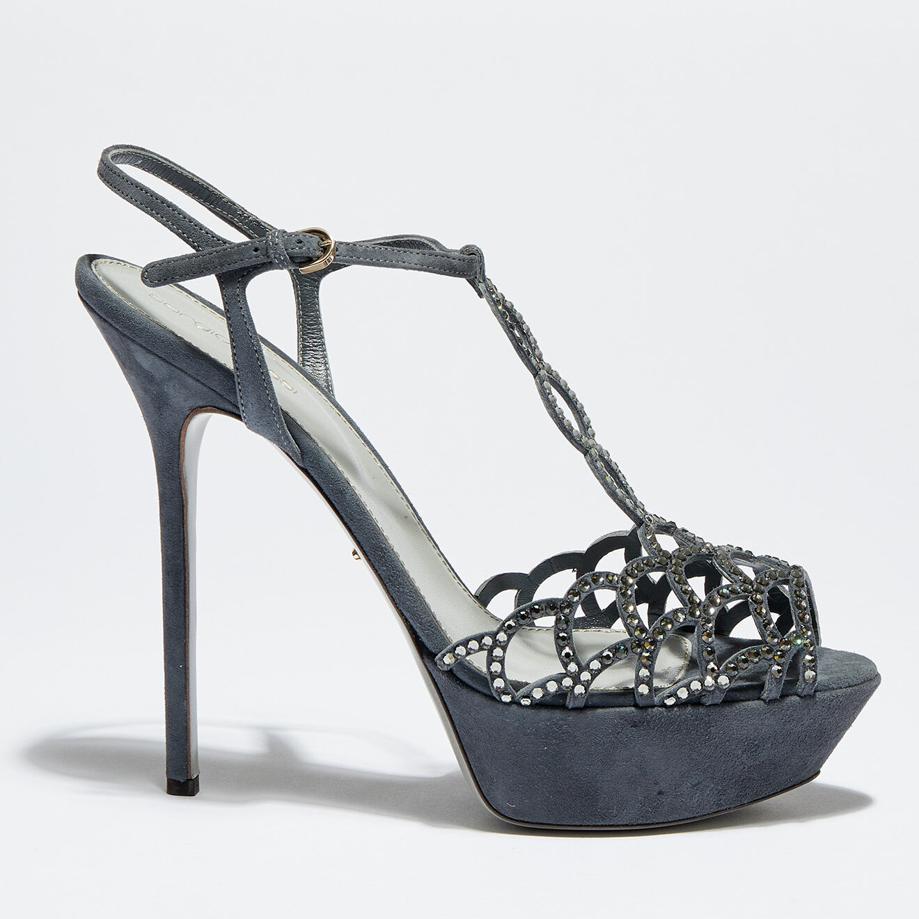 Sergio Rossi Sandales en Velours de Cuir Diamond strassées bleu gris Talon 14.5 cm