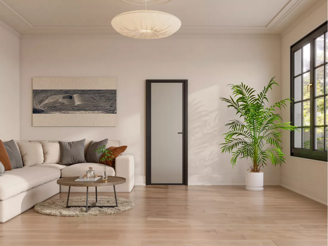 Bloc porte réversible en aluminium et verre trempé dépoli - H204 x L73 cm - Noir - LOXTON