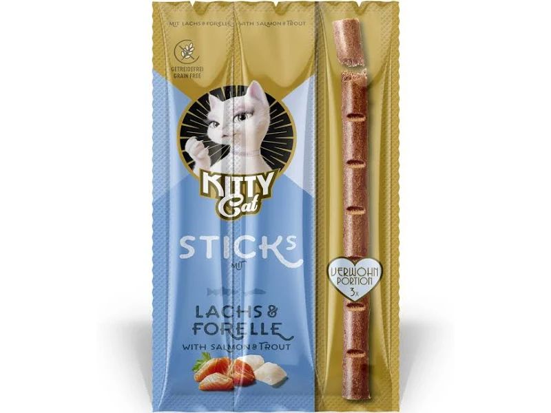 KITTY Cat Katzen-Snack Lachs, Forelle 15 g Weiche Katzensticks mit Lachs und Forelle, getreidefreier Snack mit hohem Fleischanteil und Taurin