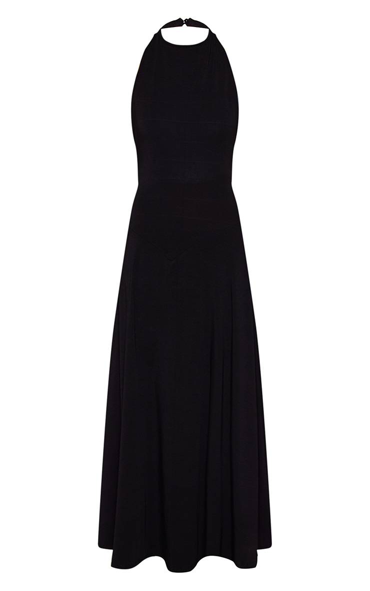 Noir Robe Longue Col Montant Détails Coutures Tissu Doux Au Toucher