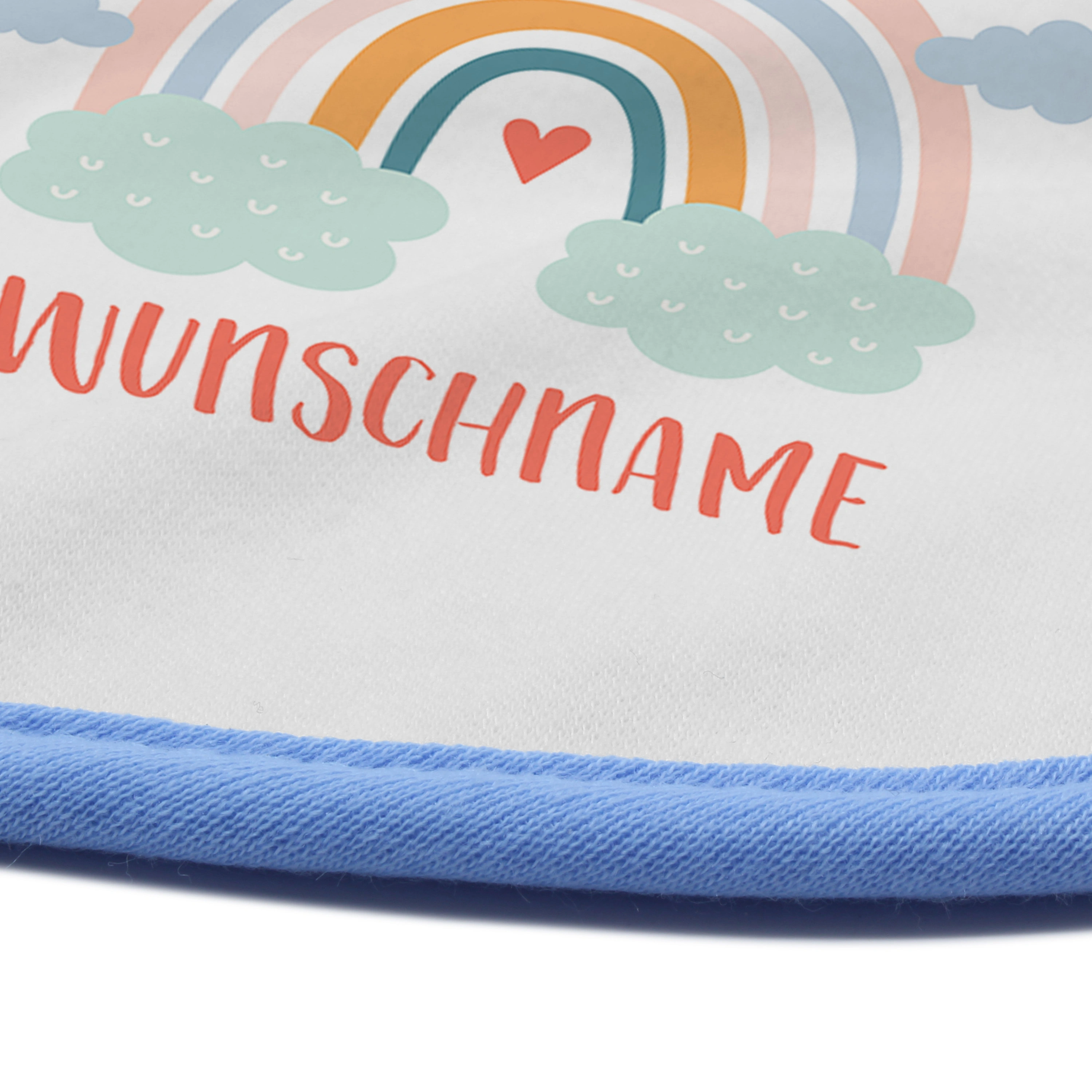 Baby-Lätzchen mit Namen, blau (Motiv: Rainbow)