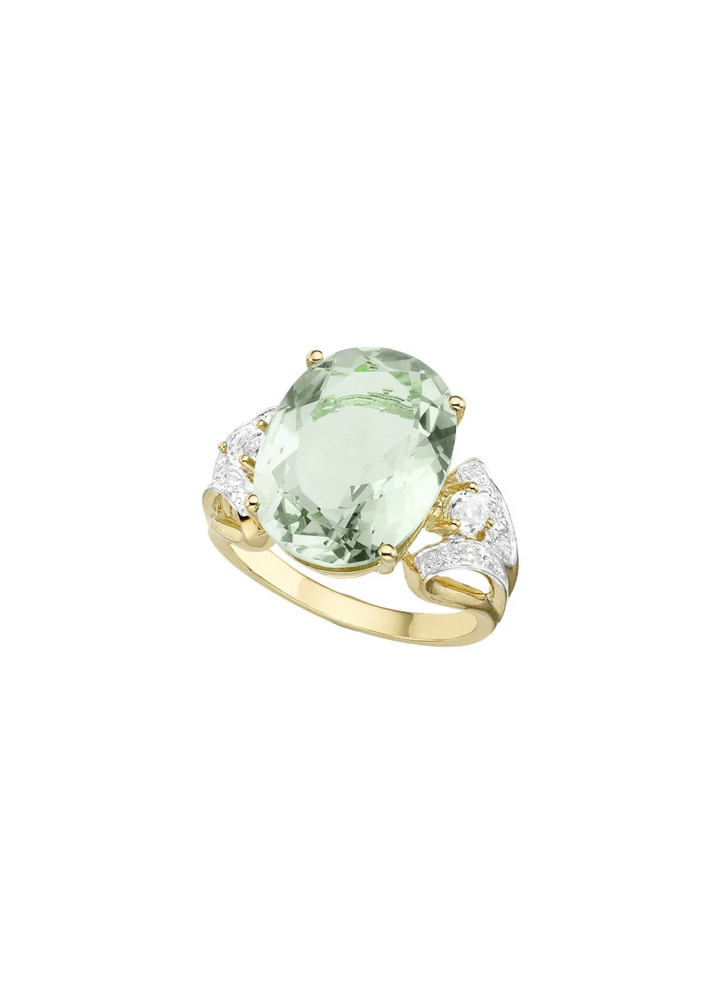 Damenring mit grünem Amethyst, Weißtopas und Diamanten