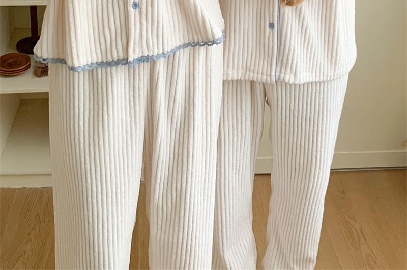 Sadelle - Bijpassende pyjamaset voor koppels: top met lange mouwen, contrasterende boorden en knopen van koraalfleece + broek met rechte pijpen (verschillende ontwerpen)