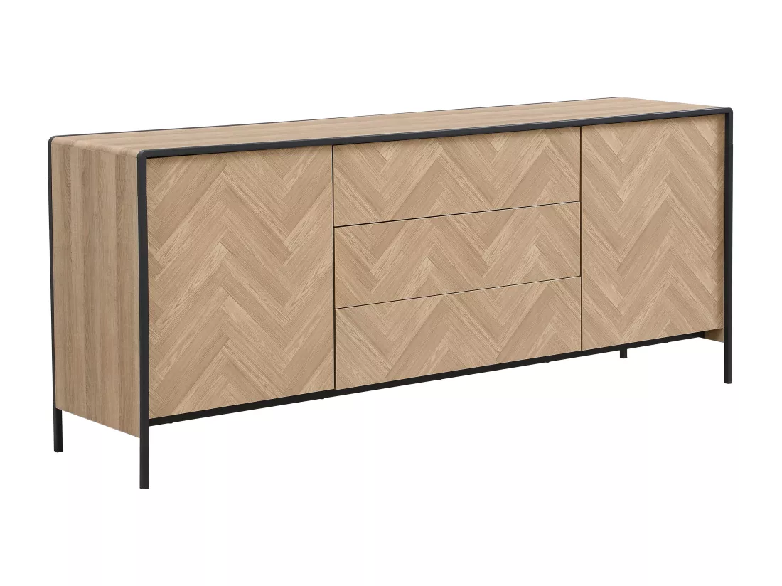 Buffet avec 2 portes et 3 tiroirs en MDF et acier - Naturel clair et Noir - TUMACO