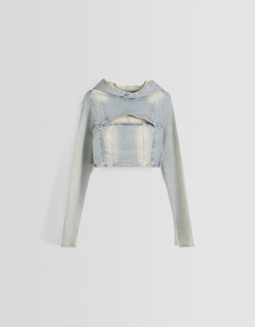Blusa de moletom com capuz de manga comprida em malha jeans