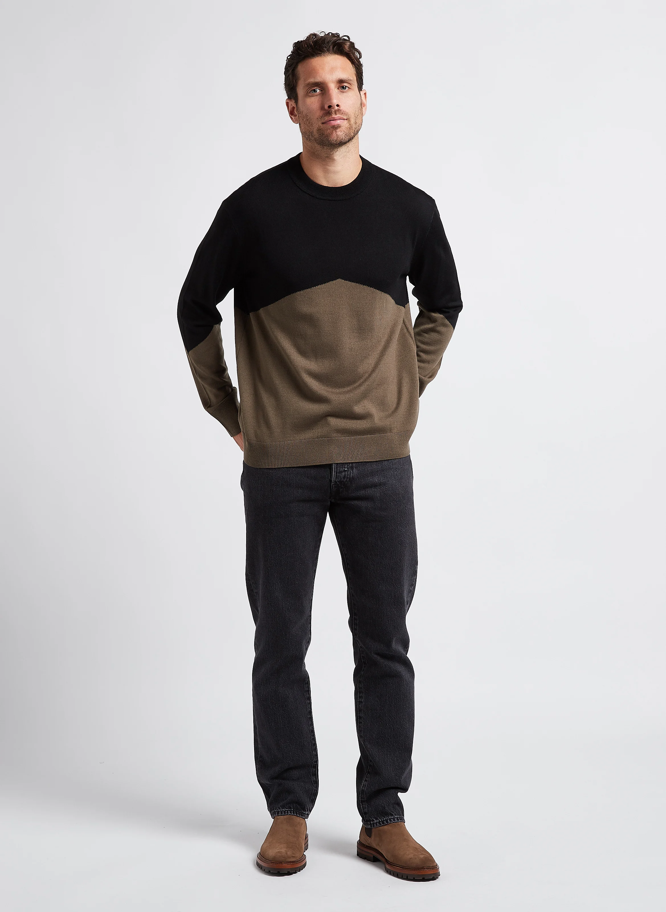 Pull col rond graphique en laine mélangé| Noir