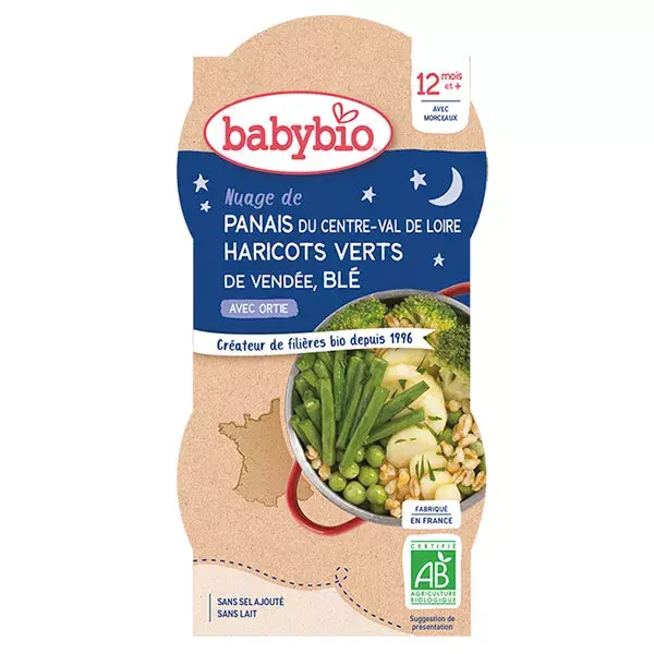 Tigela de refeição noturna Babybio com feijão verde, pastinaca e trigo +12 meses Orgânico 2 x 200g
