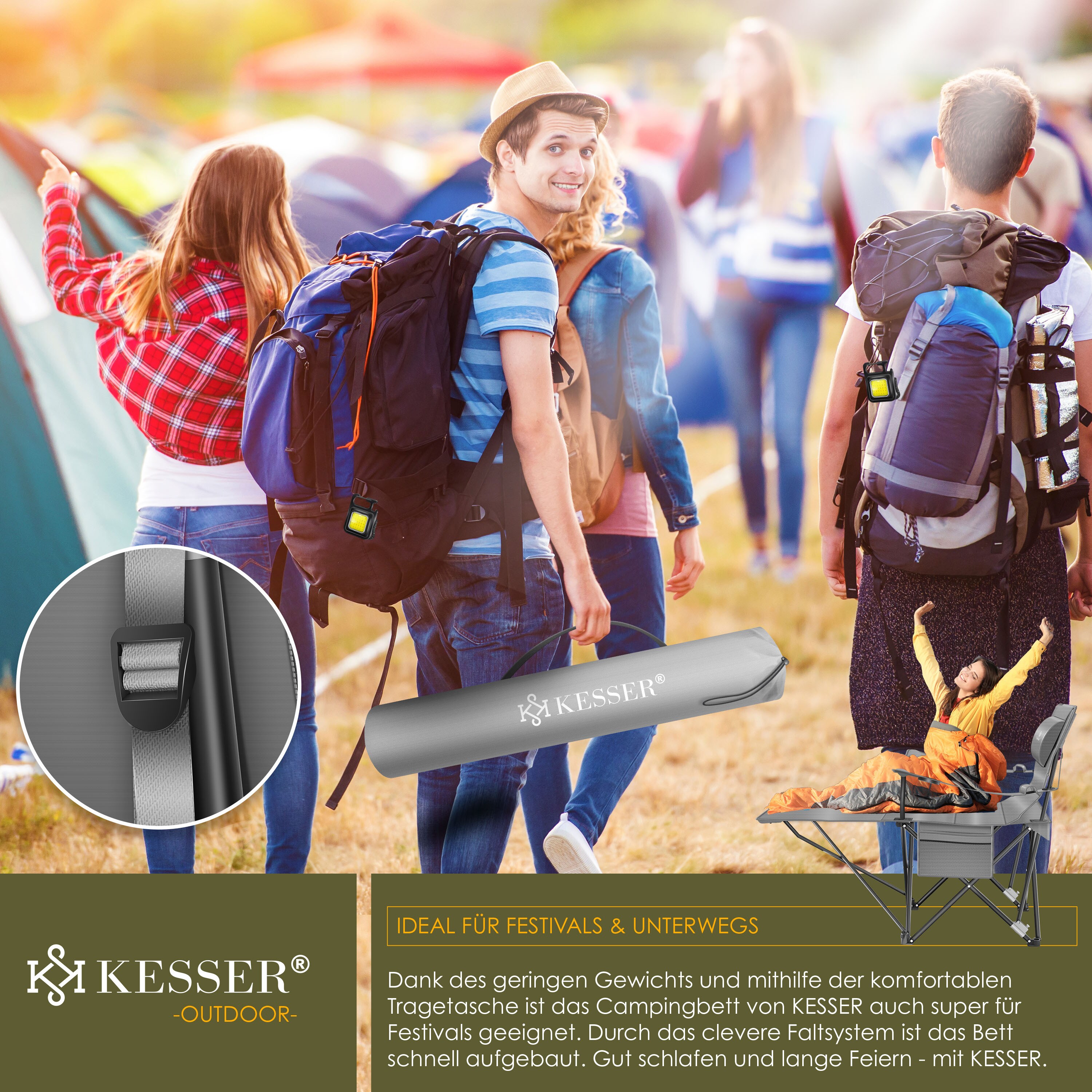 KESSER® Campingliege Campingstuhl 2in1 bis 160kg | Feldbett klappbar | Campingbett faltbar extra breit | Campinglicht & Getränkehalter + Aufbewahrungstasche & Transporttasche | Angelliege verstellbar