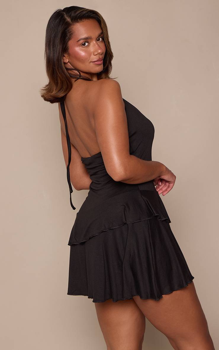 Noir Robe Mini Dos Nu À Volants Étagés Coupe Ajustée