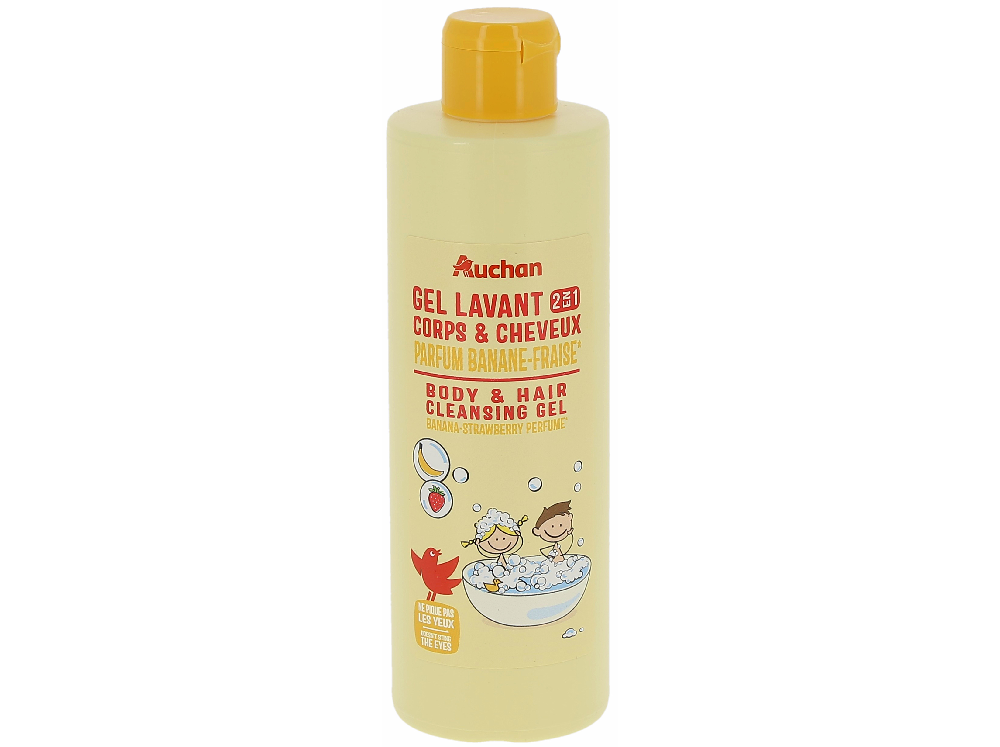 GEL DE BANHO AUCHAN KIDS 2EM1 CORPO E CABELO BANANA E MORANGO 250ML