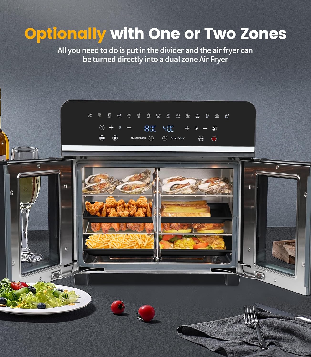 23L Heißluftfritteuse Minibackofen Air fryer, Emphsism Dual Zone Heissluftfritteuse XXL Oven 1800W mit LED-Touchscreen 15 Programmen, mit Rezeptbuch, 11 Zubehöre