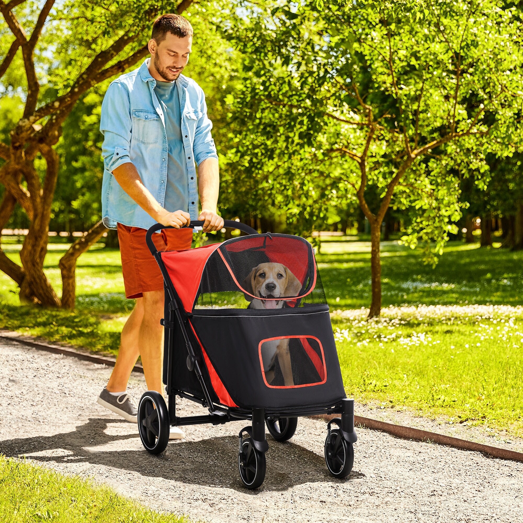 PawHut Hundebuggy mit zwei Sicherheitsleinen schwarz, rot 112L x 65B x 100H cm