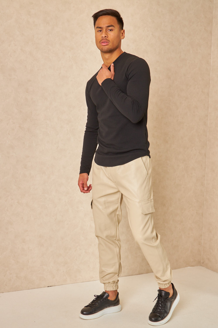 Pantalon de jogging en simili cuir beige