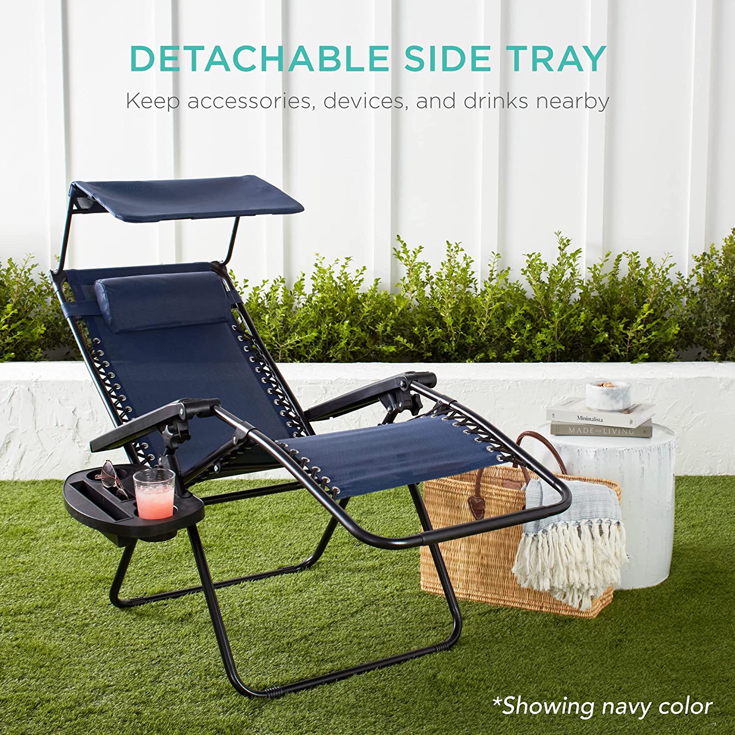 Folding Zero Gravity Outdoor Recliner Patio Lounge Chair w/Adjustable Canopy Shade, Headrest, Side Accessory Tray, Textilene Mesh - Beige