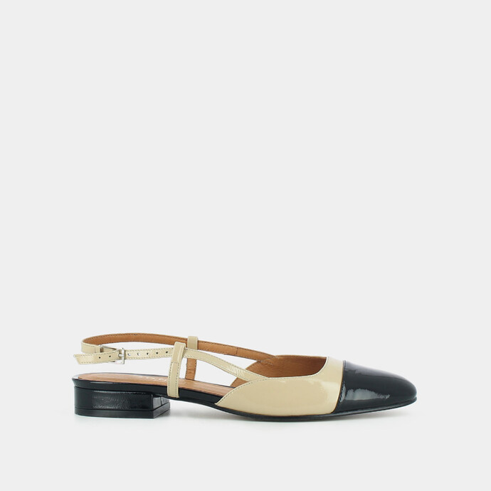 Ballerines ouvertes  en cuir vernis noir et beige