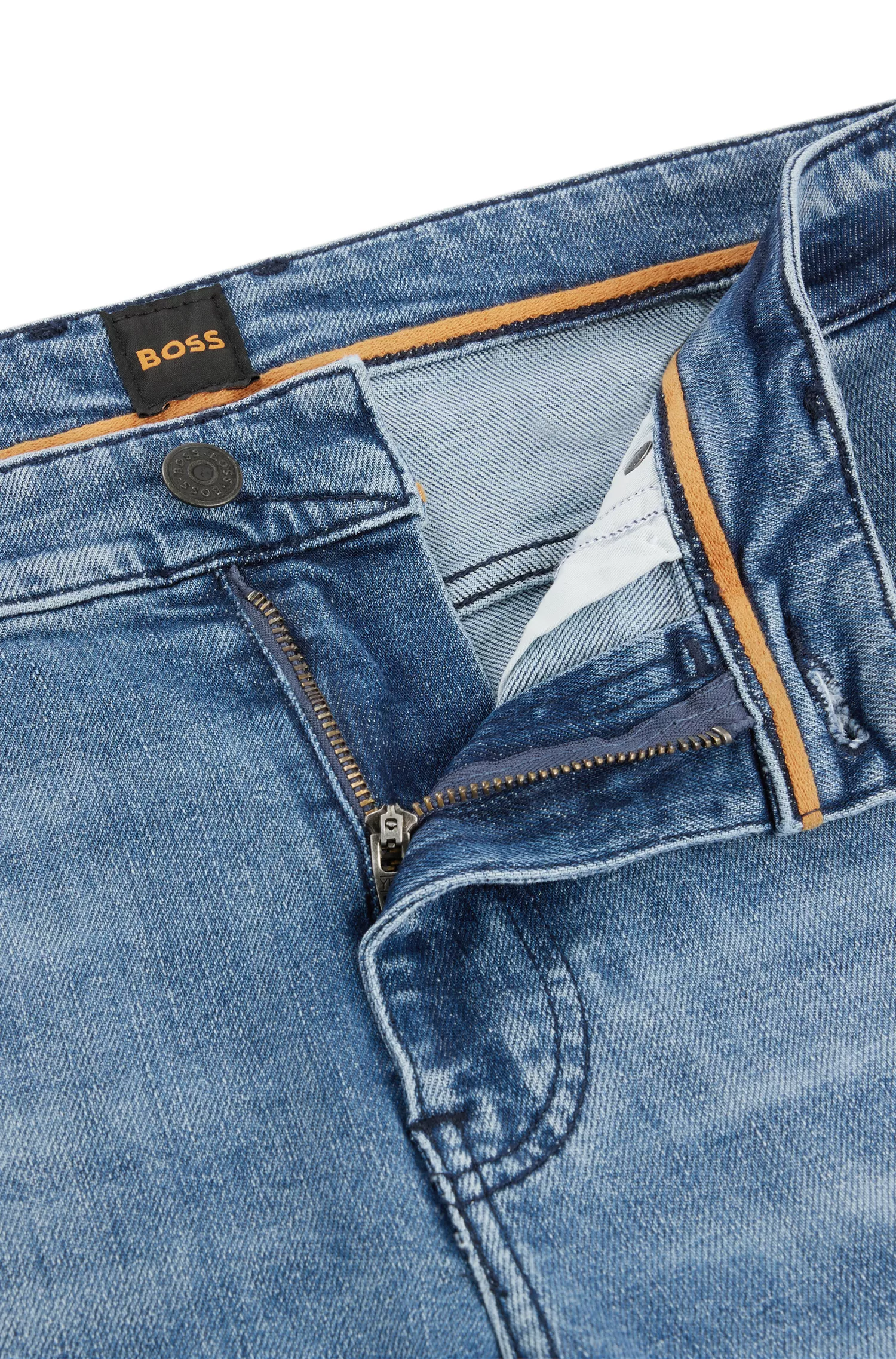 Calça jeans BOSS laranja, corte slim, em denim com elasticidade para maior conforto.