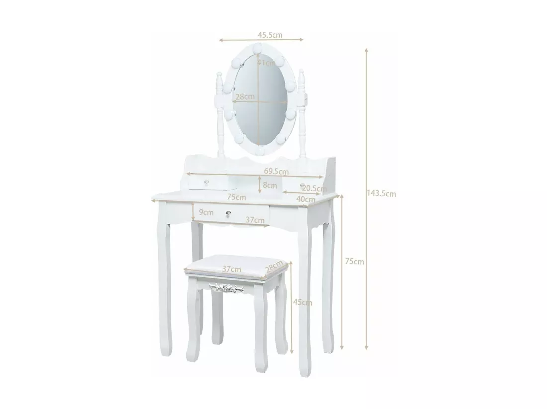 Coiffeuse avec Eclairage, Miroir Ovale, Pivotant à 360°, 10 Lumières, Tabouret Rembourré Inclus, avec 3 Tiroirs de Rangements, Blanc