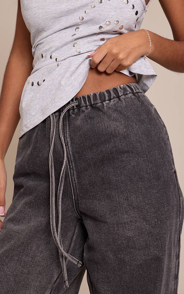 Washed Grey Jean Large Taille Haute Élastiquée Avec Lien En Denim Petite