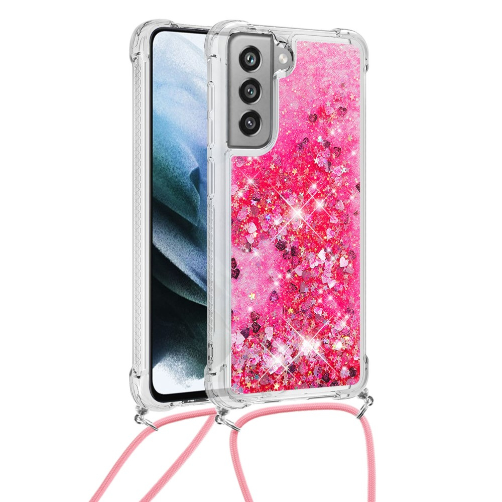 Samsung Galaxy S21 FE 5G Necklace Gummi Hülle Liquid Glitzer   Handykette (130cm) - Pink / Silber