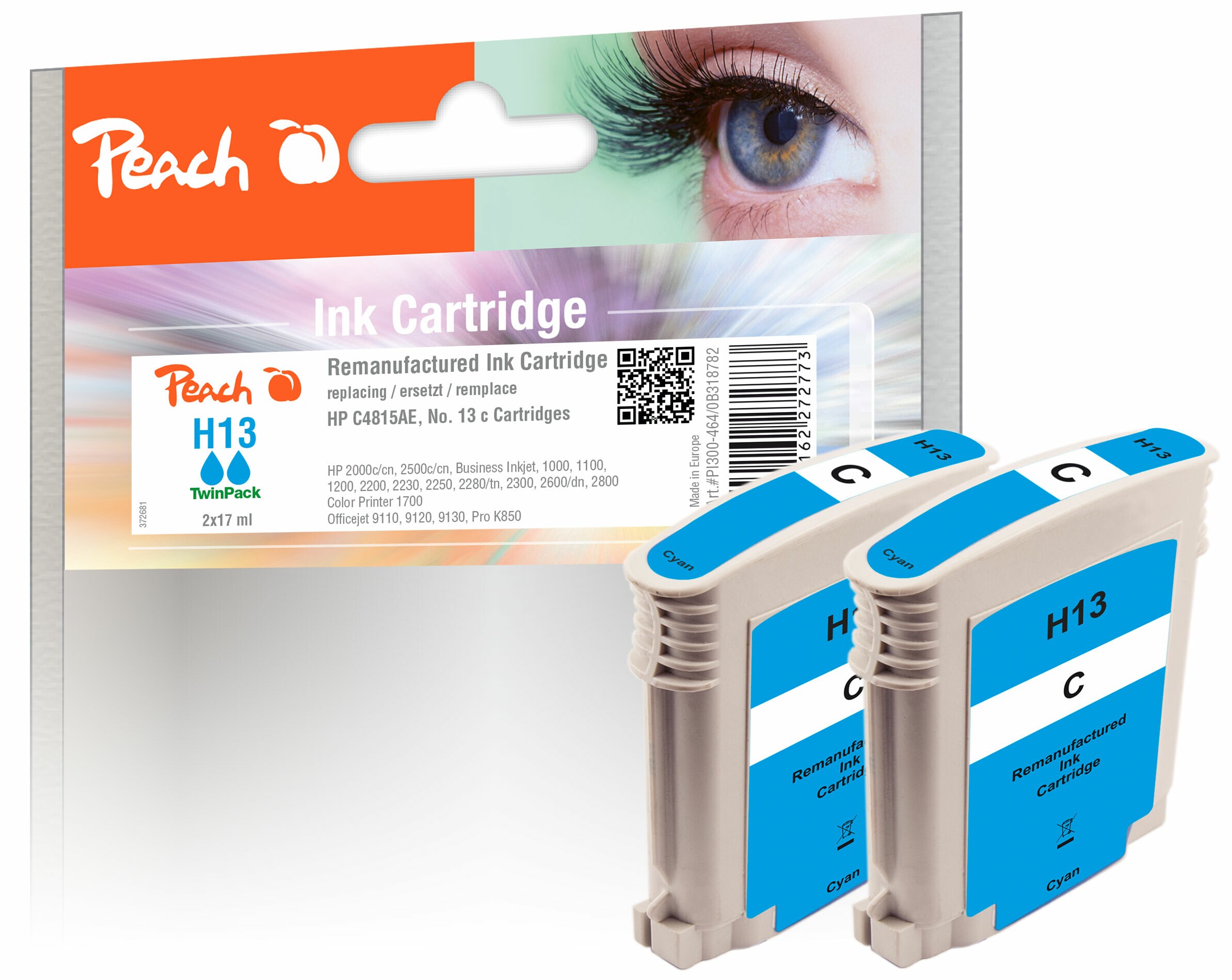 Peach HP 13 c 2 Druckerpatronen 2*cy ersetzt HP No. 13 c*2, C4815AE*2 für z.B. HP Business InkJet 1000, HP OfficeJet Pro K 850 (wiederaufbereitet)