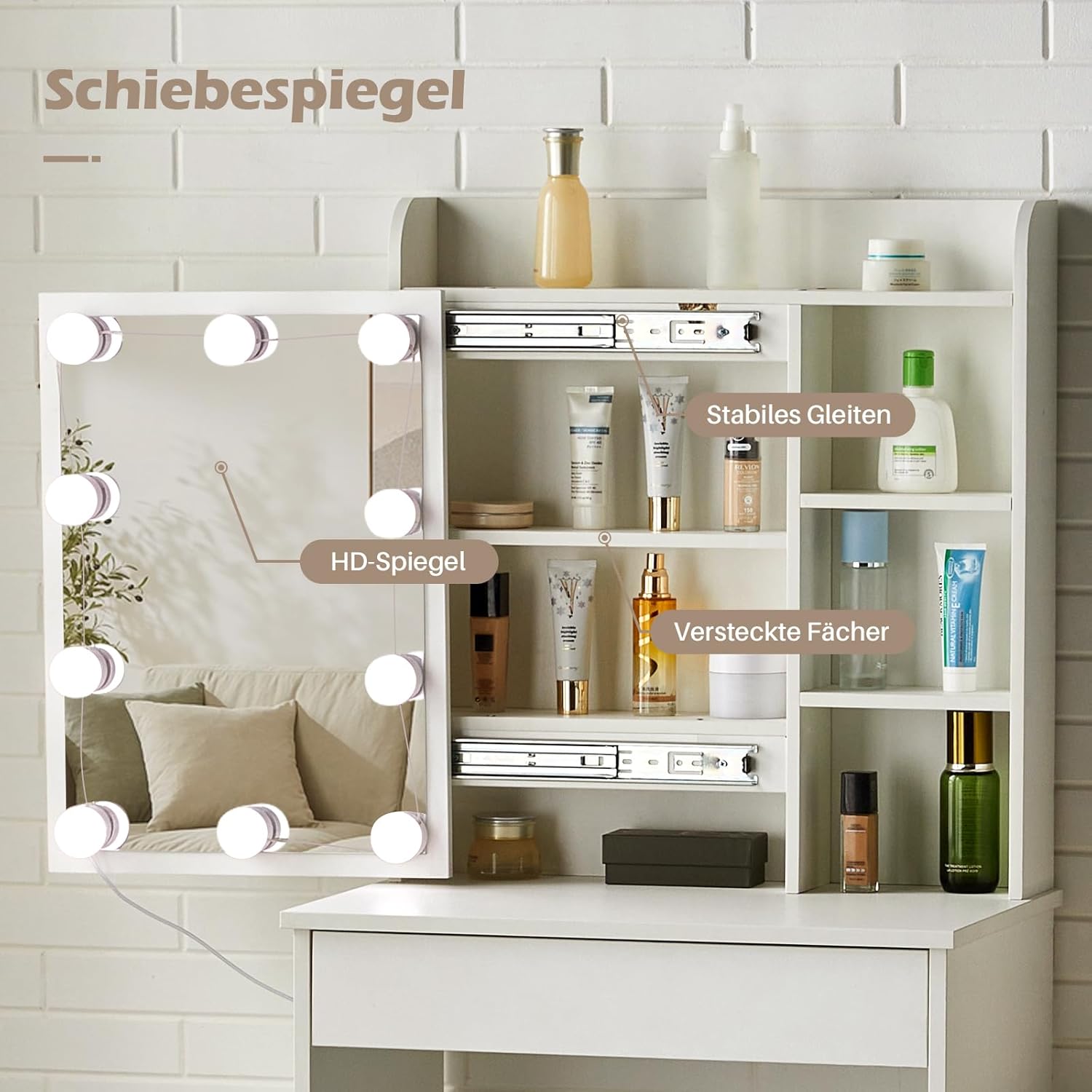 TUKAILAI Schminktisch mit Beleuchtung, Weiß Kosmetiktisch mit Schiebespiegel, Großer Schublade & Regalen, Frisiertisch Schmal mit Hocker 60x40x130cm