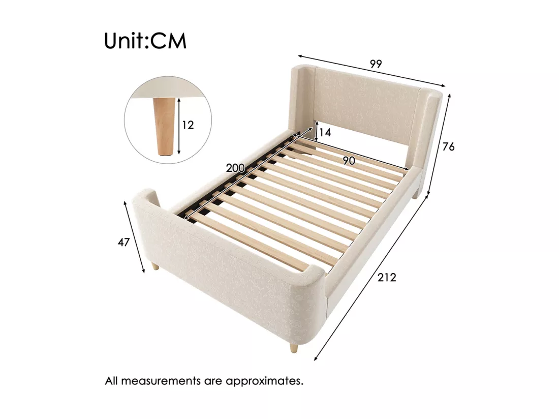 Lit d'enfant Lit rembourré,lit simple Lit traîneau , 90 x 200 cm, Pour garçons & filles, Beige, Sans matelas