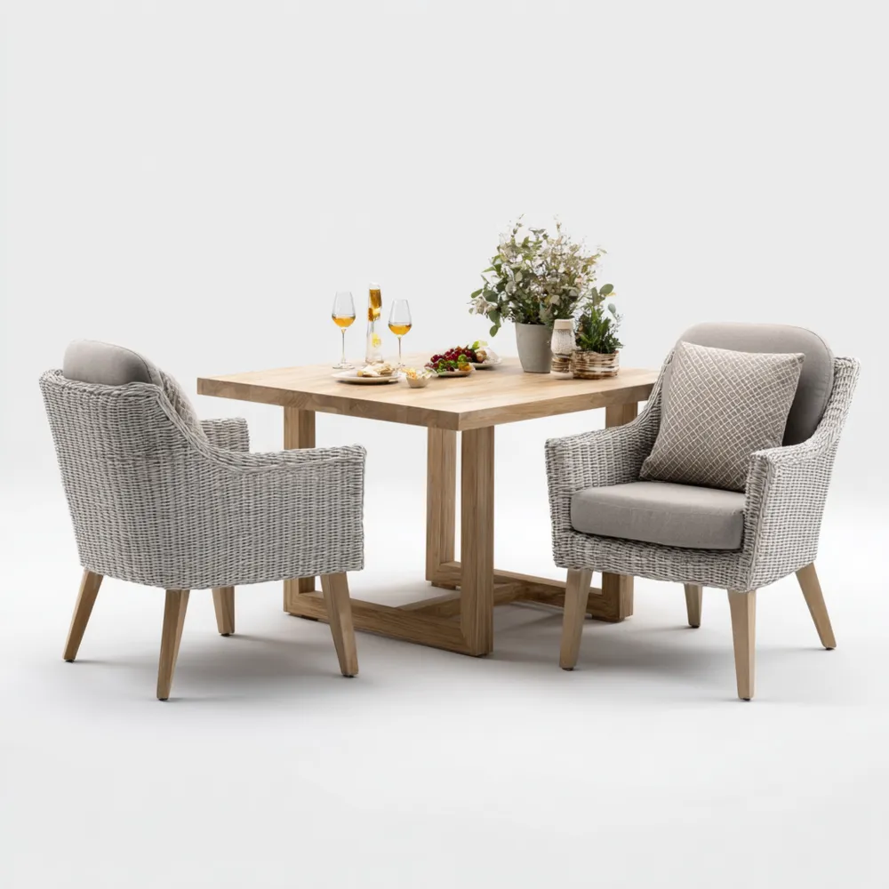 Esszimmer-Set Rattan-Holz 80x80x75 cm - Hellgrau - Modernes Design Sessel 60x60x85 cm