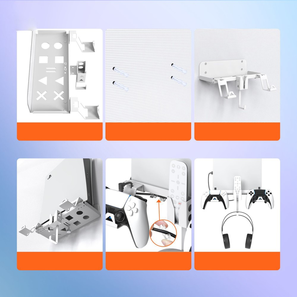 Sony PlayStation PS5 Wandhalterung Metall Konsolen Halter mit Fernbedienung / Headset / Controller Halterung inkl. Dual Ladekabel - Weiss