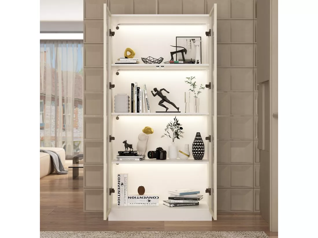 Vitrine avec LED et Portes en Verre Meuble de Rangement en Verre Debout avec 4 étagères Design Pop-up 80x40x160cm Blanche