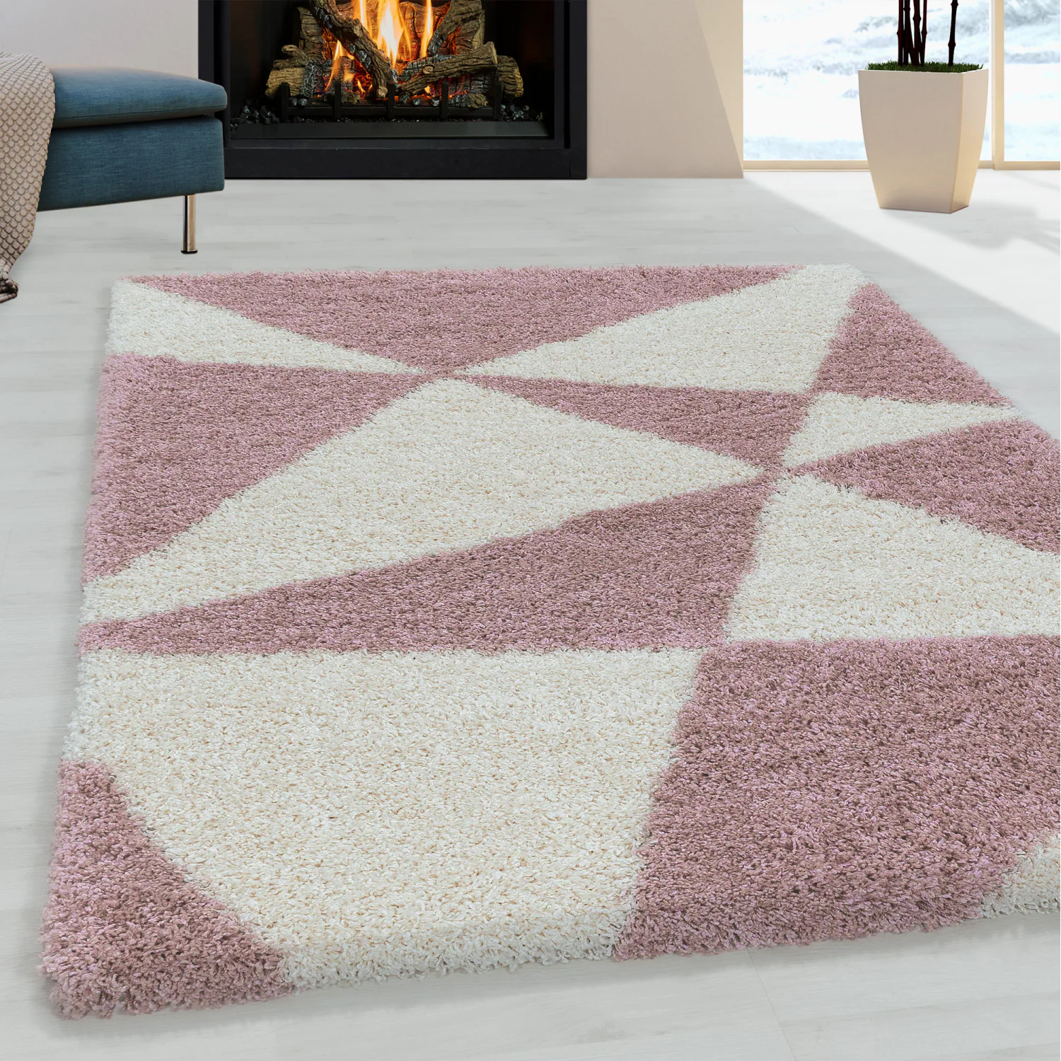 Stilvoller Hochflor Teppich, Modernes geometrisches Design, weicher Shaggy