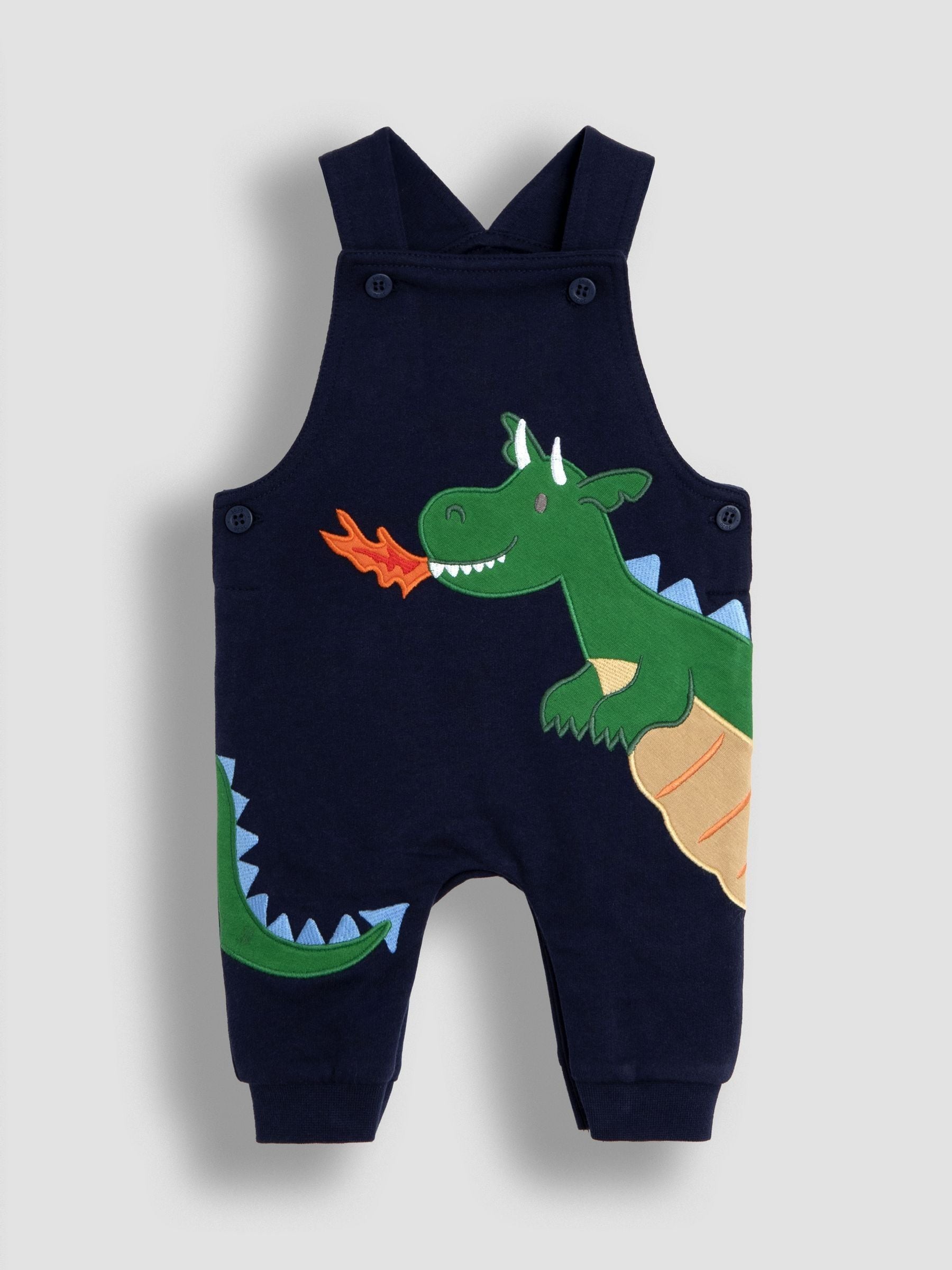 Dark Blue Dragon - JoJo Maman Bébé 2-Piece Appliqué Dungarees & Stripe Top Set