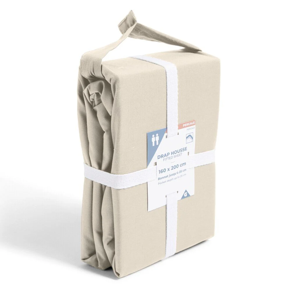 Drap housse 160x200cm 100% coton percale beige