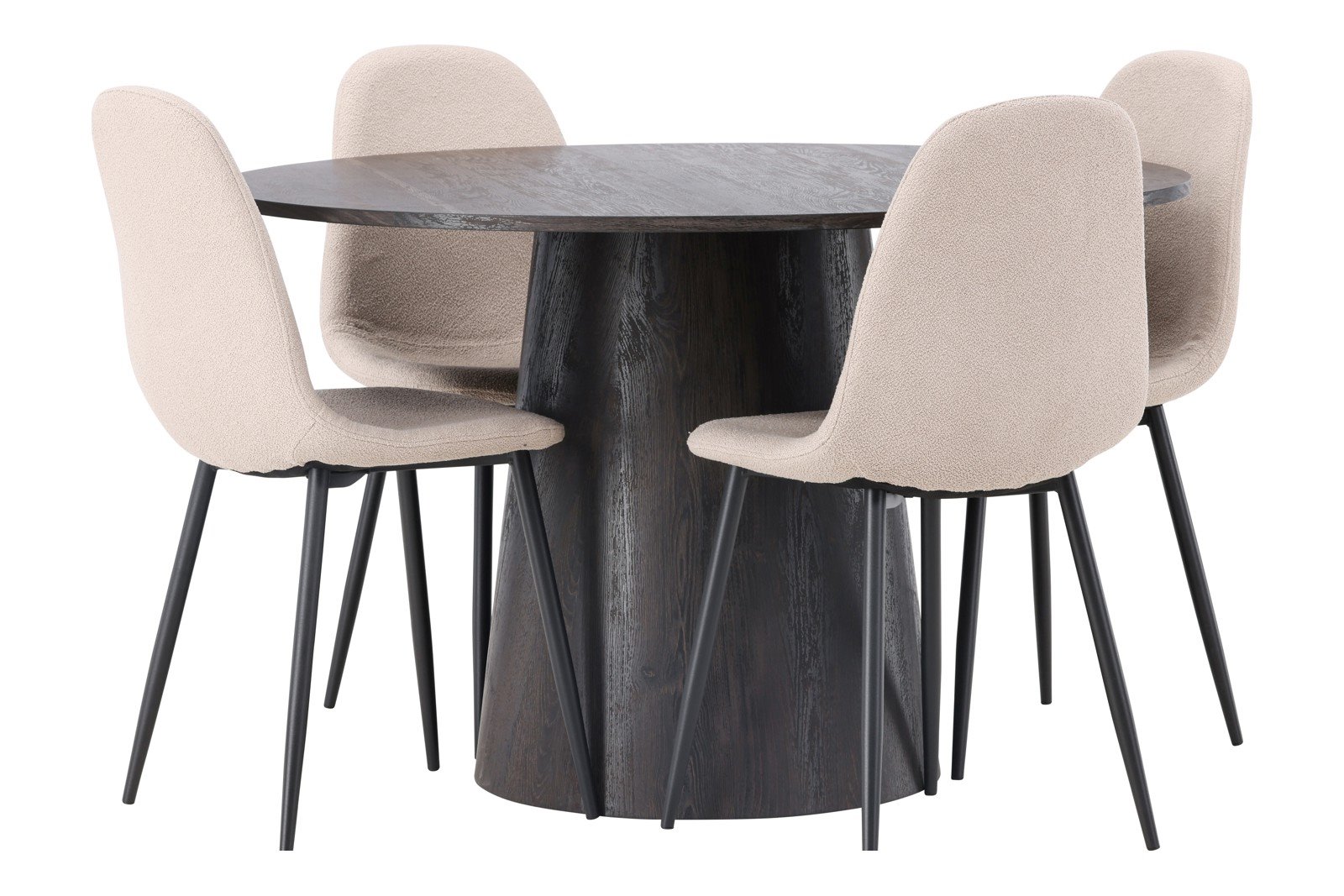 Lanzo og Polar Spisegruppe Lanzo rundt spisebord ø120cm i mocca med 4 stk. Polar spisestoler i Beige bouclé med sorte ben.