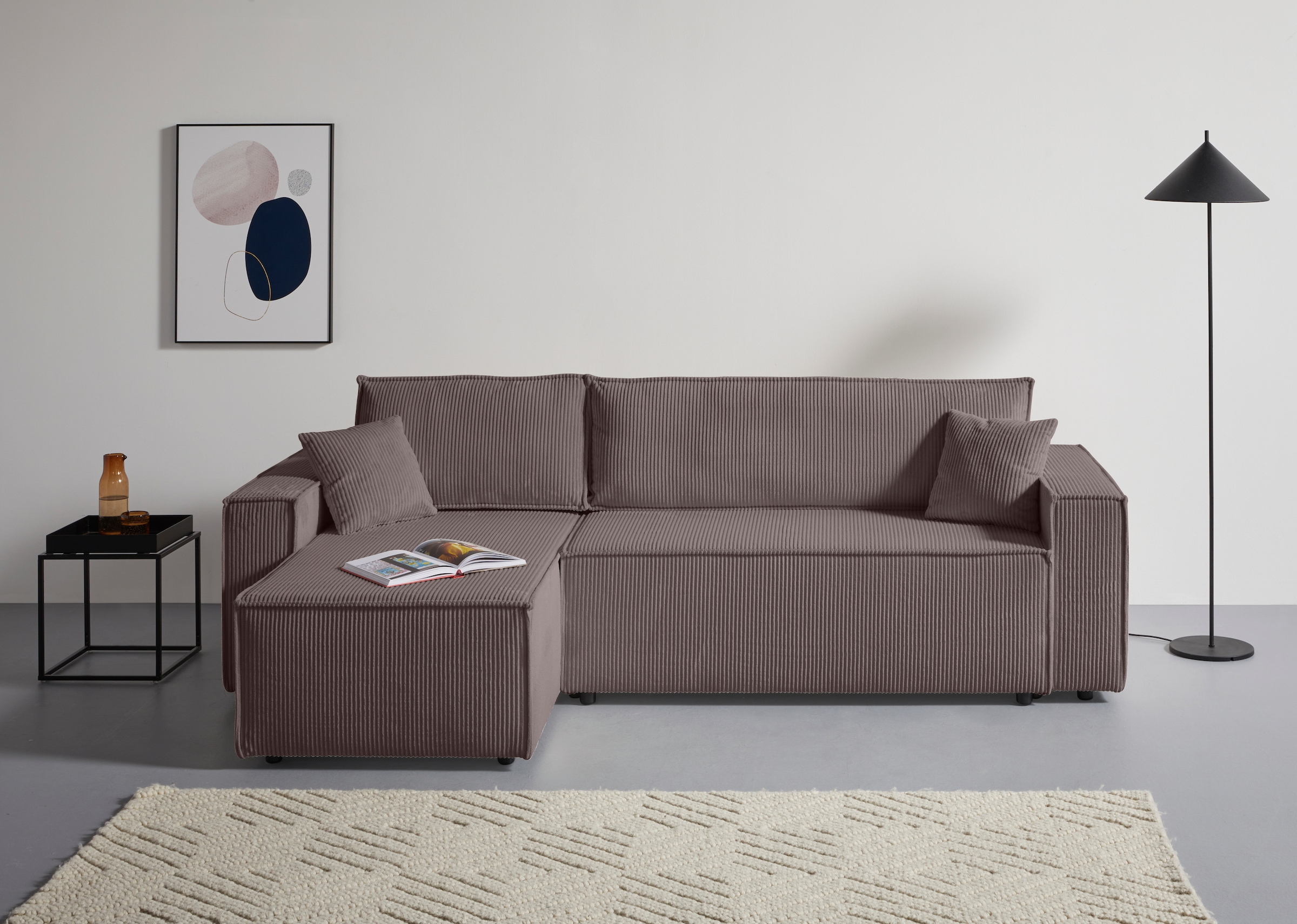 GOODproduct Ecksofa »CASSI, 241cm, L-Form, Schlafsofa, Bettkasten, Boxspringfederung, Cord« Schlaffunktion (133/200) ,Bettkasten, Recamiere links/rechts, Cord