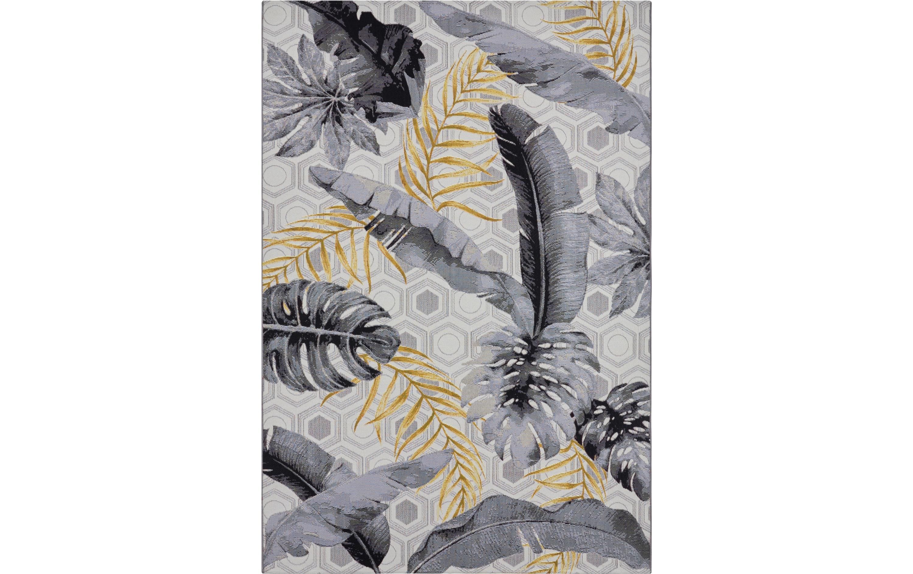 Teppich Gold Leaves 80 cm x 165 cm, MehrfarbigIn- & Outdoor Teppich, Flachegwebeteppich im Tropischen Palmen Design, Wetterfest & Wasserfester Aussenteppich für Terrasse, Balkon, Garten Wohnzimmer