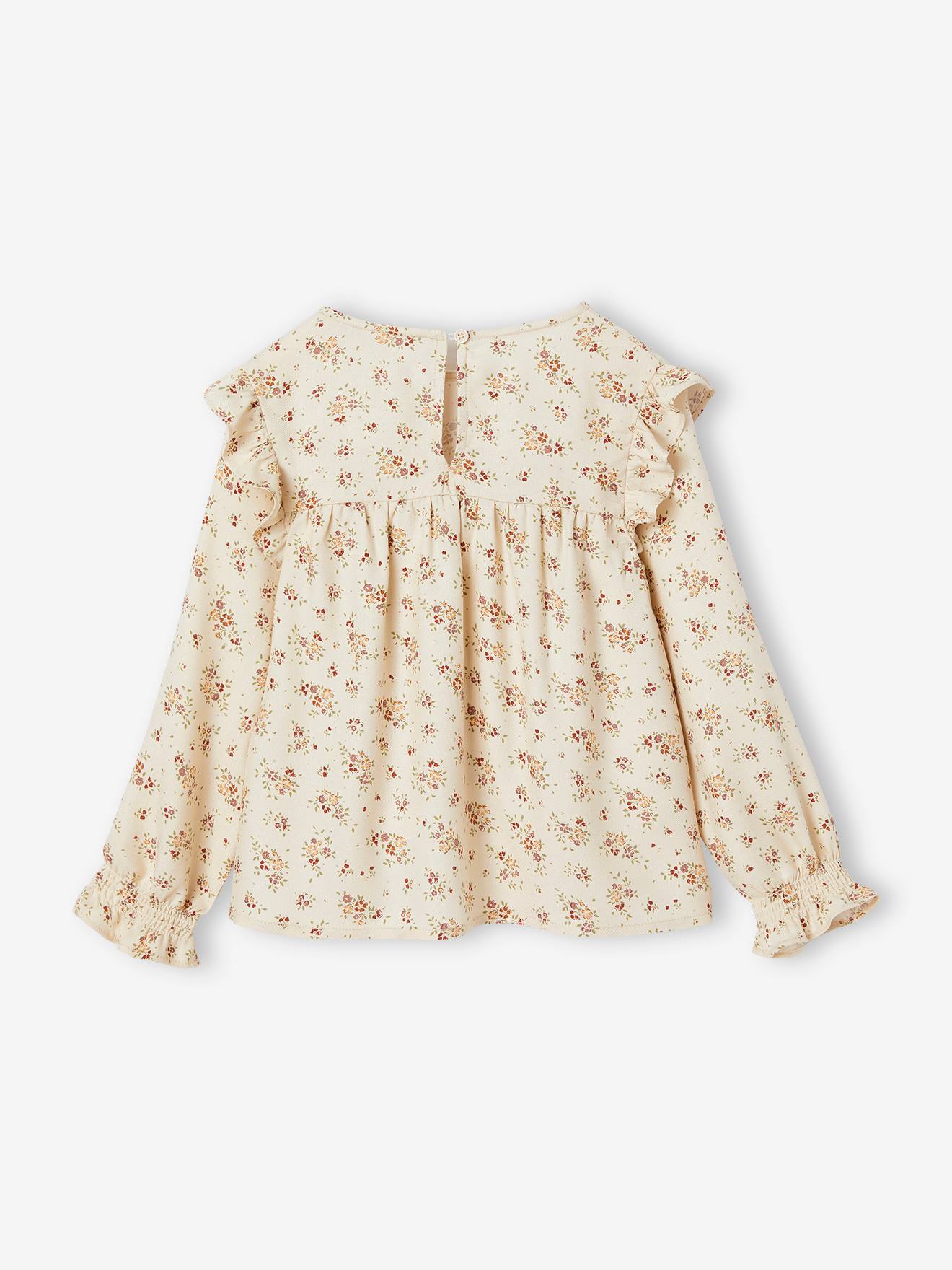 Blusa de manga comprida com flores, para meninas, azul escuro
