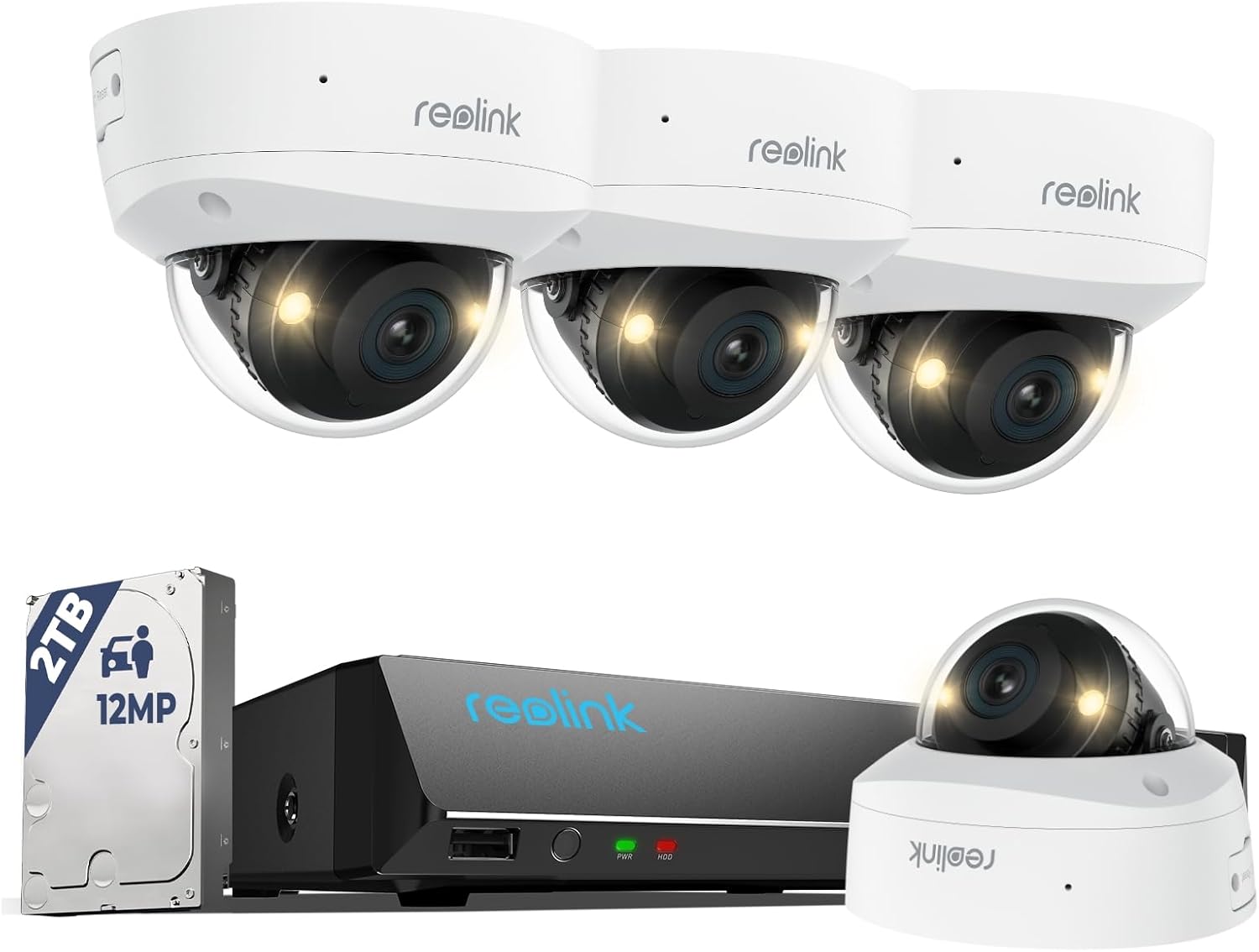 Reolink 12MP PoE Überwachungskamera Set mit 4X IK10 vandalensichere Aussenkameras, 145° Weitwinkel, Farbnachtsicht, Personen-/Fahrzeug-/Tiererkennung, 2-Wege-Audio, 8CH NVR mit 2TB HDD, RLK8-1200V4