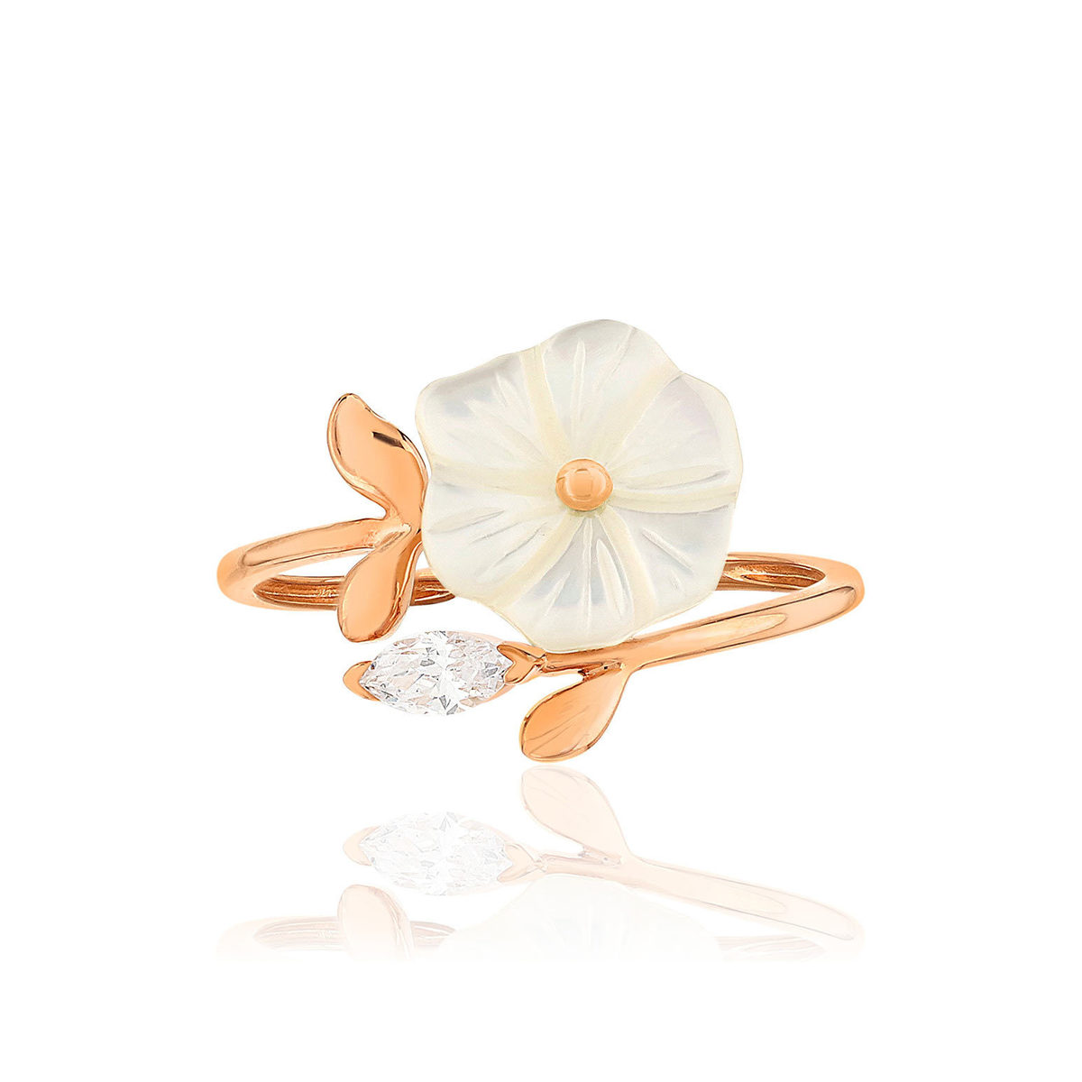 Bague or 375 rose nacre fleur topaze blanche taille marquise