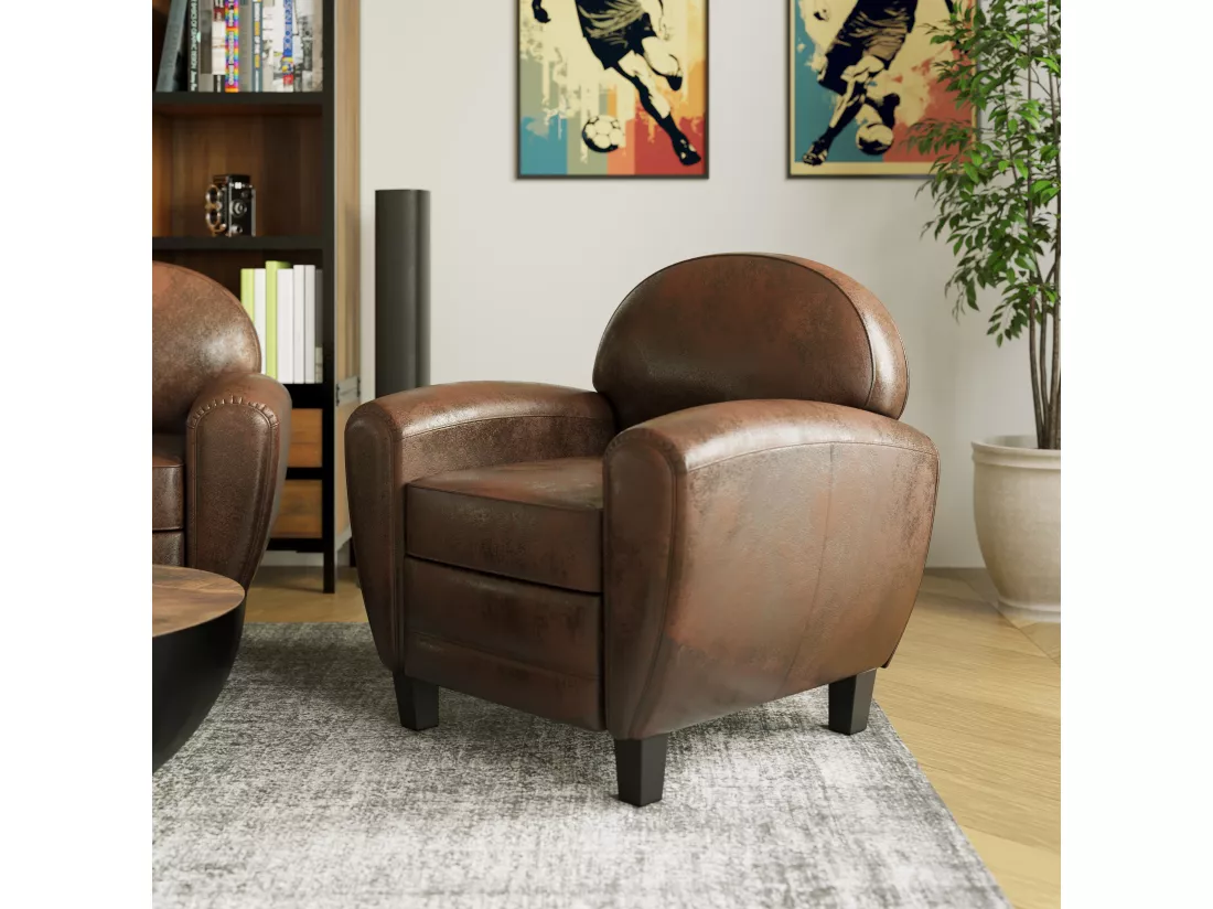 Fauteuil marron vieilli en microfibre - Club