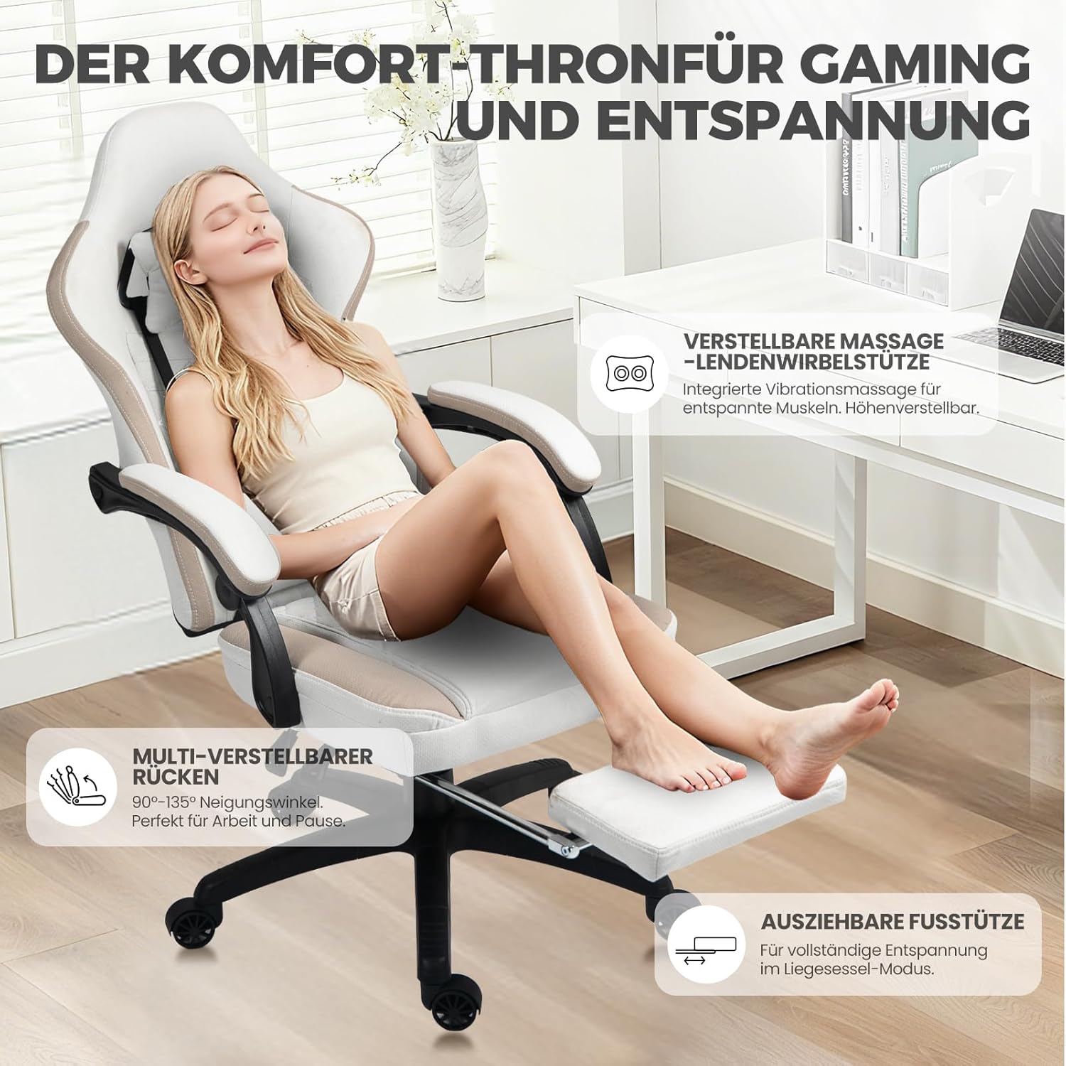 Dowinx Gaming Stuhl Stoff, Massage Gaming Sessel mit Fußstütze, Ergonomischer PC Stuhl Gamer Stuhl Bürostuhl 150 kg belastbarkeit, Beige