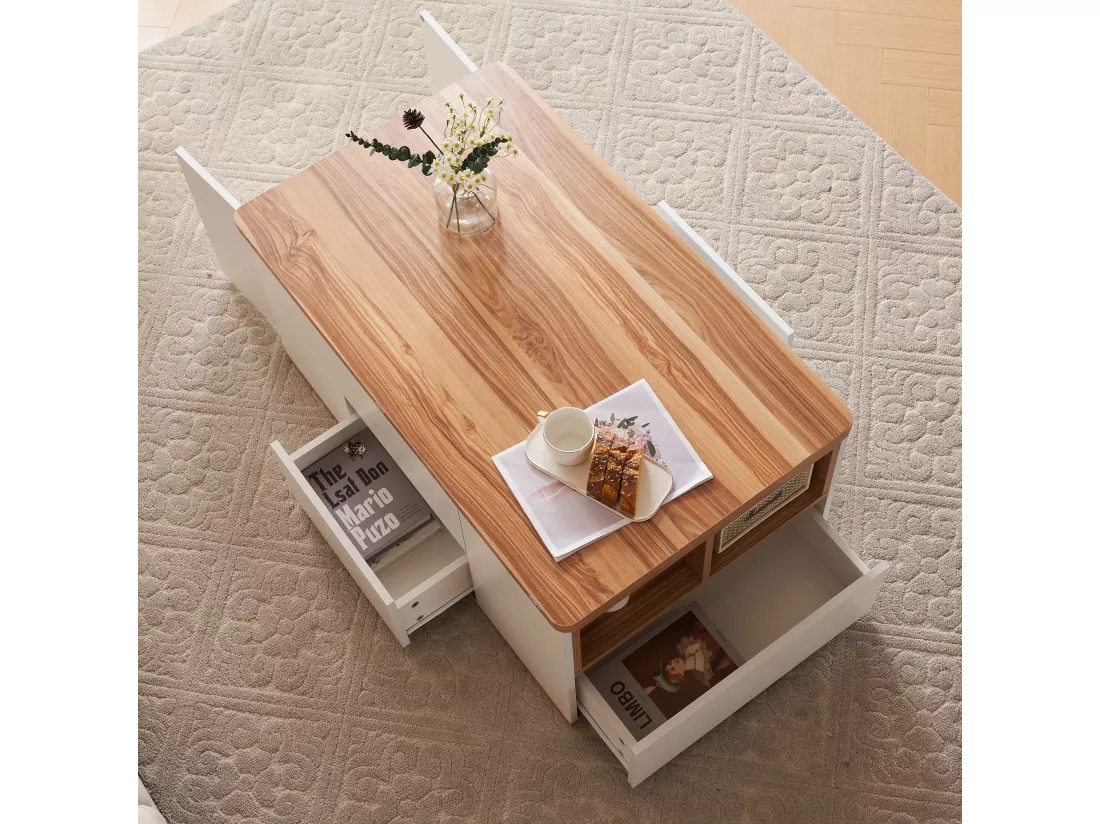 Table basse - plateau relevable - 2 niches & 3 tiroirs - bois panneaux de particules - chêne et blanc