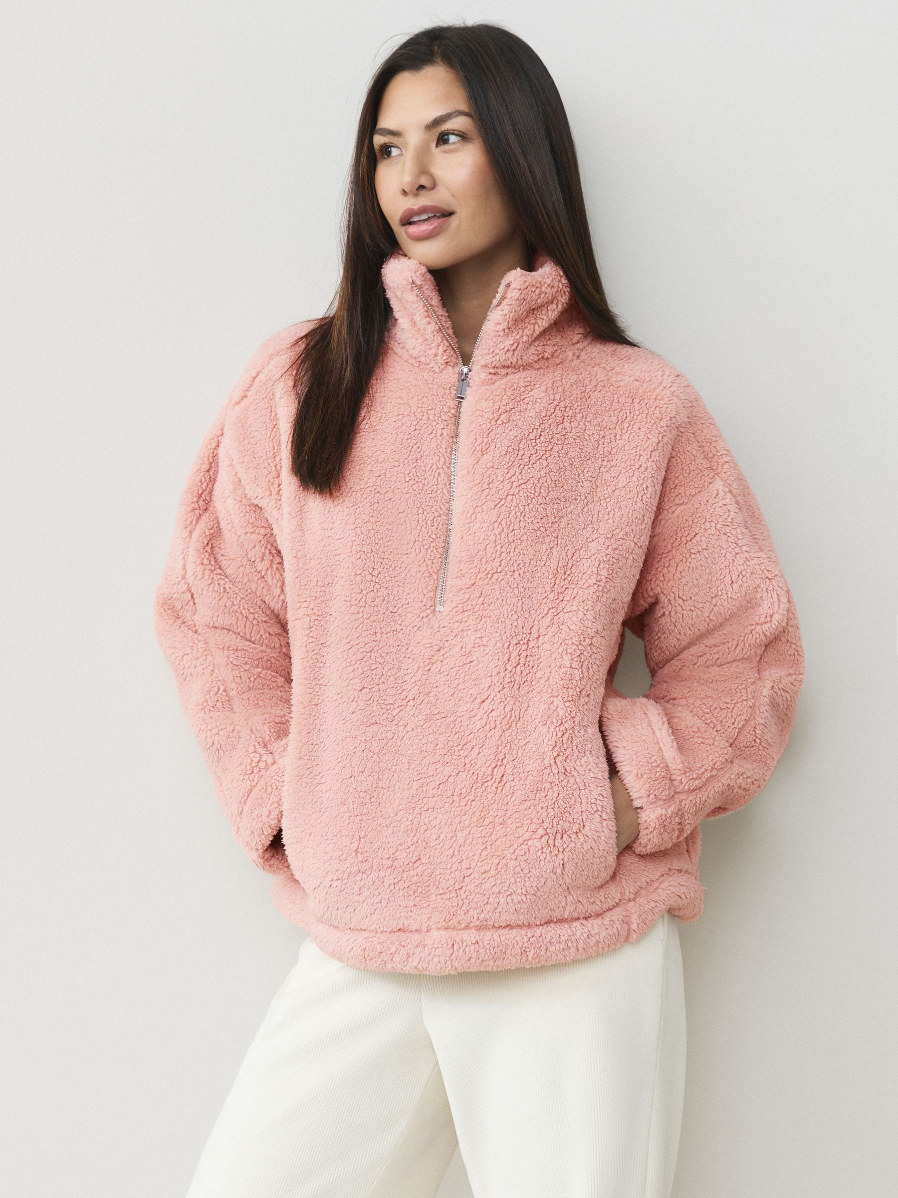 Roze - Borg fleece met korte rits
