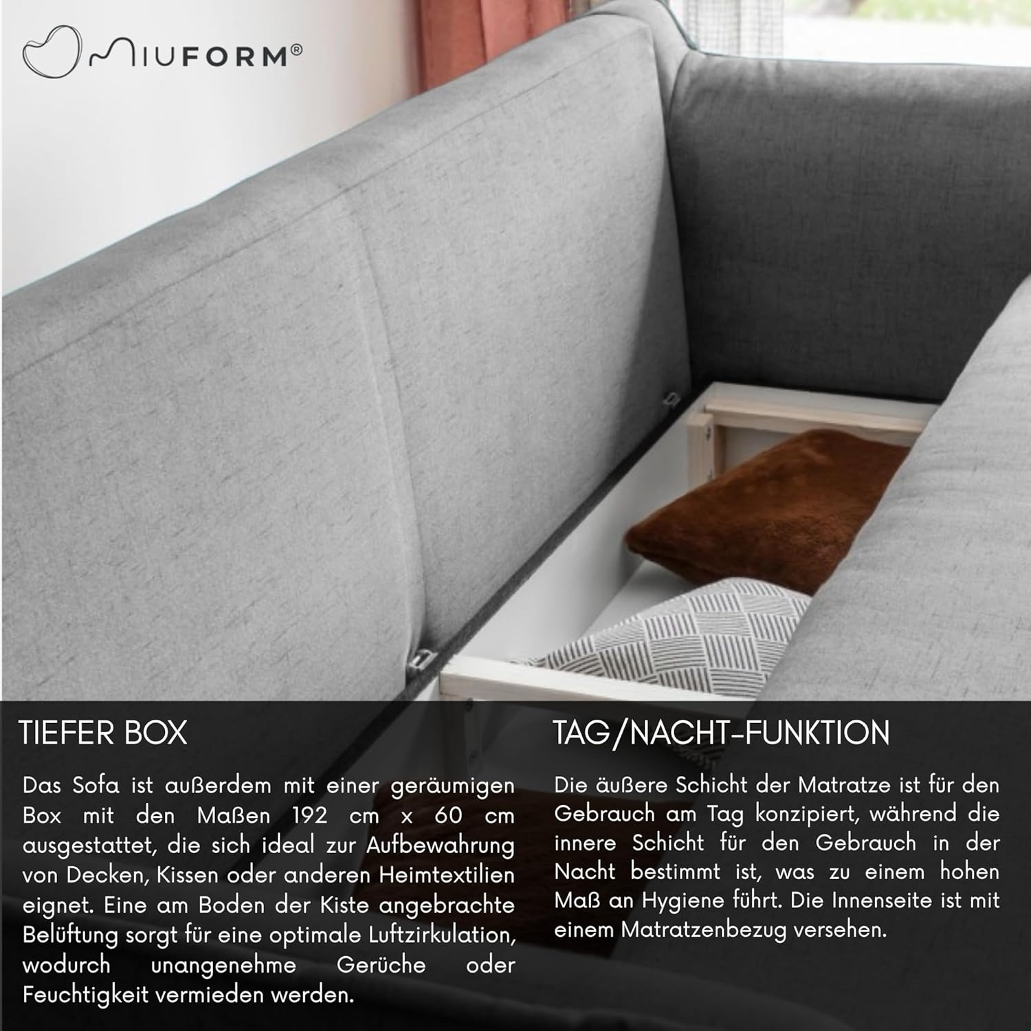 MIUFORM Charming Charlie Slim mit Bettkasten und mit Bettfunktion | 3 Sitzer Sofa | 225 x 90 x 85cm | Klappsofa mit Schlaffunktion | Schlafsofa klappbar (Grau)