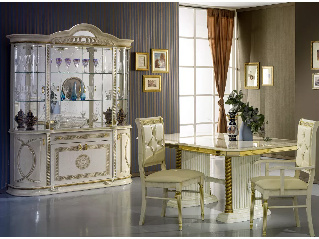 Vitrine 8 portes 1 tiroir bois vernis laqué brillant beige et doré Venus 163cm