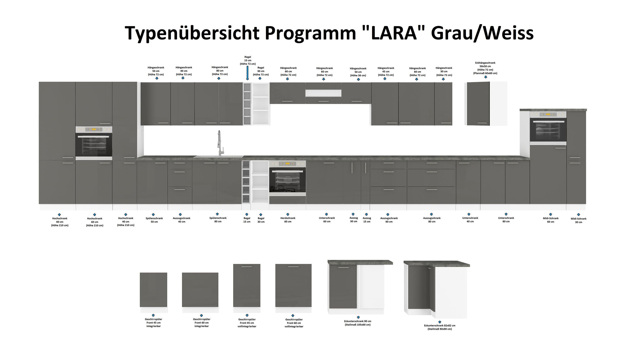 Küche Hängeschrank 60 Lara Grau Hochglanz + Weiss matt Küchenzeile Küchenblock